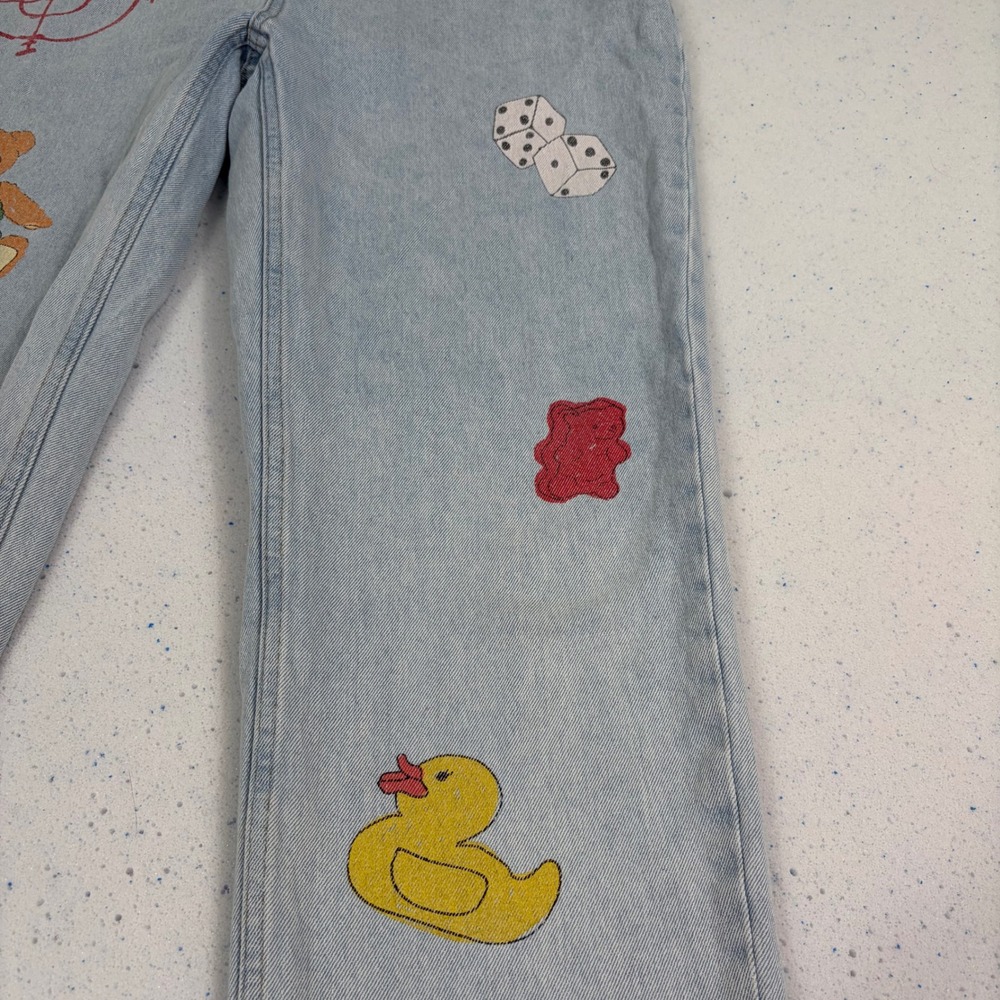 Teddy Fresh Mens Light Wash Denim Jeans Streetwear Y2K Graphics Funky Size 34 - Picture 2 of 11